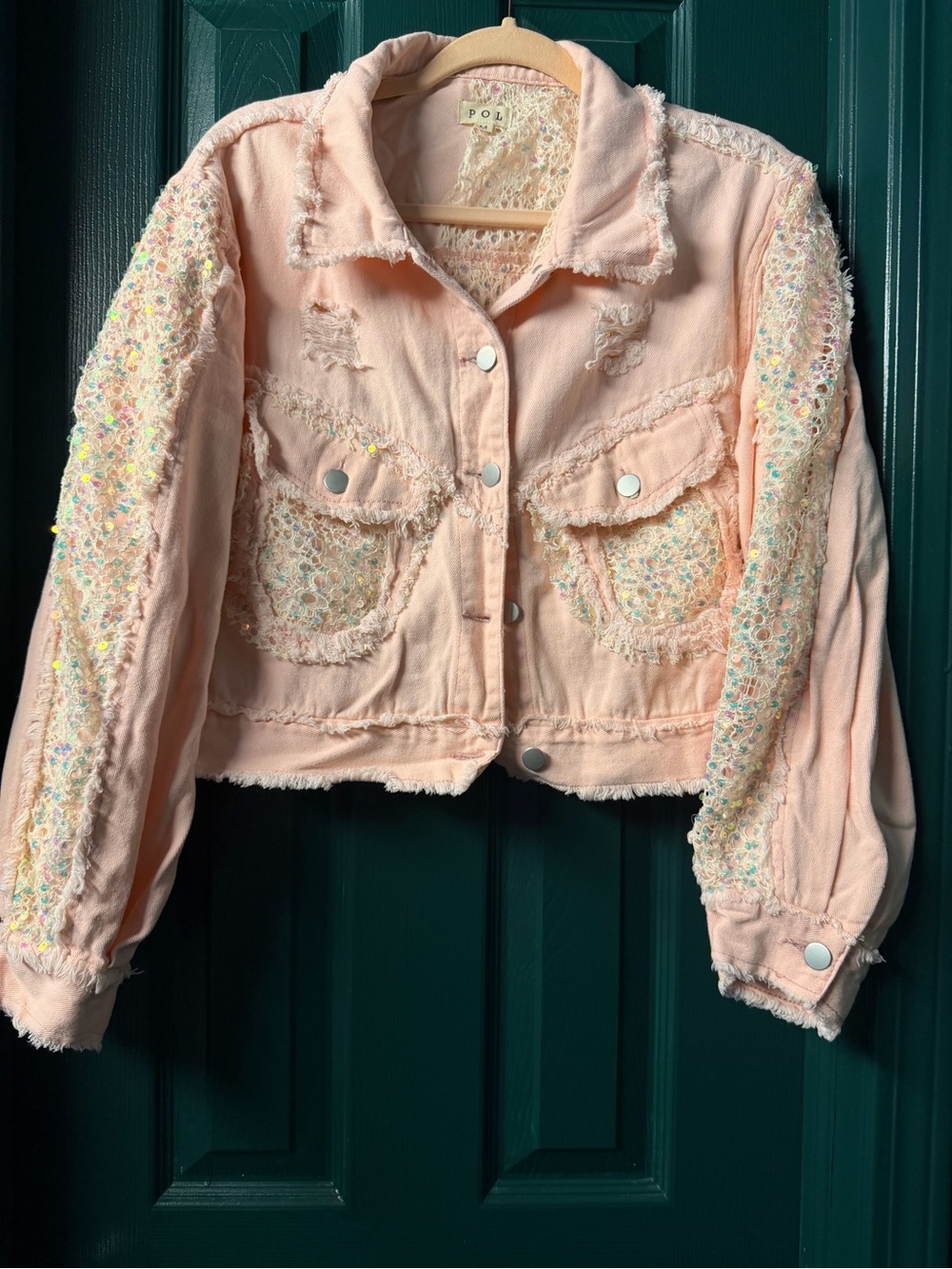 POL Pink Lace & Sequin-Paneled Cropped Jean Jacket (oversized)